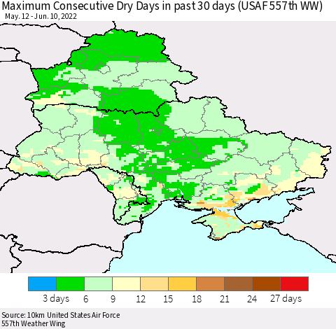 Ukraine, Moldova and Belarus Maximum Consecutive Dry Days in past 30 days (USAF 557th WW) 06/10/2022 Thematic Map For 6/6/2022 - 6/10/2022