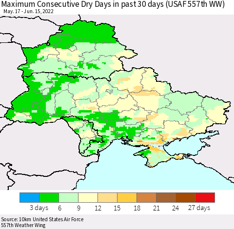 Ukraine, Moldova and Belarus Maximum Consecutive Dry Days in past 30 days (USAF 557th WW) 06/15/2022 Thematic Map For 6/11/2022 - 6/15/2022