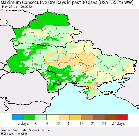Ukraine, Moldova and Belarus Maximum Consecutive Dry Days in past 30 days (USAF 557th WW) 06/20/2022 Thematic Map For 6/16/2022 - 6/20/2022