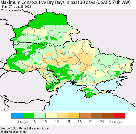 Ukraine, Moldova and Belarus Maximum Consecutive Dry Days in past 30 days (USAF 557th WW) 06/25/2022 Thematic Map For 6/21/2022 - 6/25/2022