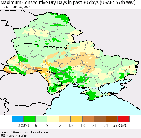 Ukraine, Moldova and Belarus Maximum Consecutive Dry Days in past 30 days (USAF 557th WW) 06/30/2022 Thematic Map For 6/26/2022 - 6/30/2022