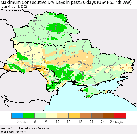 Ukraine, Moldova and Belarus Maximum Consecutive Dry Days in past 30 days (USAF 557th WW) 07/05/2022 Thematic Map For 7/1/2022 - 7/5/2022