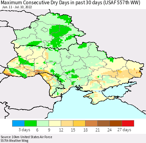 Ukraine, Moldova and Belarus Maximum Consecutive Dry Days in past 30 days (USAF 557th WW) 07/10/2022 Thematic Map For 7/6/2022 - 7/10/2022