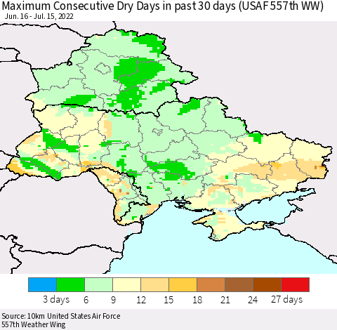 Ukraine, Moldova and Belarus Maximum Consecutive Dry Days in past 30 days (USAF 557th WW) 07/15/2022 Thematic Map For 7/11/2022 - 7/15/2022