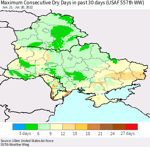 Ukraine, Moldova and Belarus Maximum Consecutive Dry Days in past 30 days (USAF 557th WW) 07/20/2022 Thematic Map For 7/16/2022 - 7/20/2022