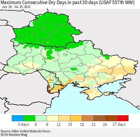 Ukraine, Moldova and Belarus Maximum Consecutive Dry Days in past 30 days (USAF 557th WW) 07/25/2022 Thematic Map For 7/21/2022 - 7/25/2022