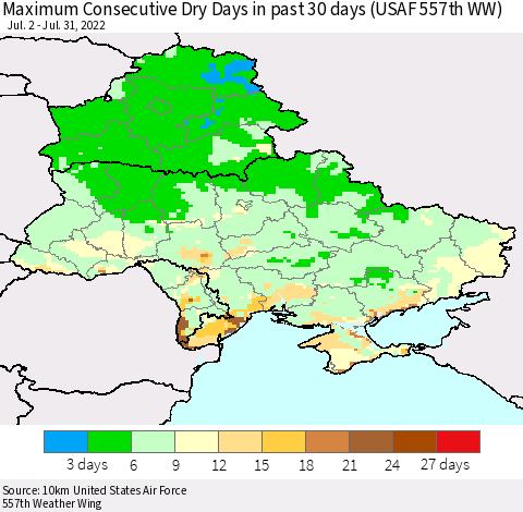 Ukraine, Moldova and Belarus Maximum Consecutive Dry Days in past 30 days (USAF 557th WW) 07/31/2022 Thematic Map For 7/26/2022 - 7/31/2022