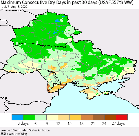 Ukraine, Moldova and Belarus Maximum Consecutive Dry Days in past 30 days (USAF 557th WW) 08/05/2022 Thematic Map For 8/1/2022 - 8/5/2022