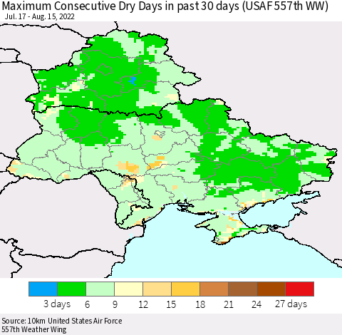 Ukraine, Moldova and Belarus Maximum Consecutive Dry Days in past 30 days (USAF 557th WW) 08/15/2022 Thematic Map For 8/11/2022 - 8/15/2022