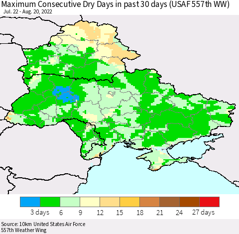 Ukraine, Moldova and Belarus Maximum Consecutive Dry Days in past 30 days (USAF 557th WW) 08/20/2022 Thematic Map For 8/16/2022 - 8/20/2022