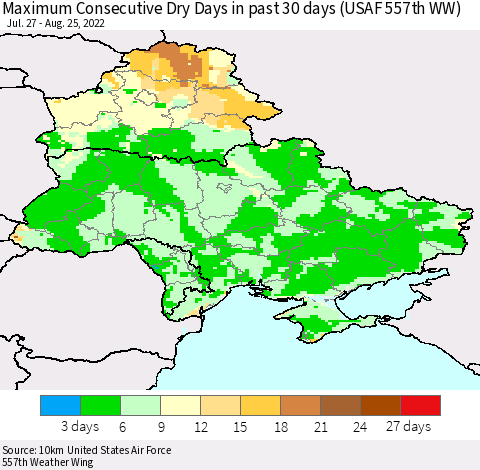 Ukraine, Moldova and Belarus Maximum Consecutive Dry Days in past 30 days (USAF 557th WW) 08/25/2022 Thematic Map For 8/21/2022 - 8/25/2022