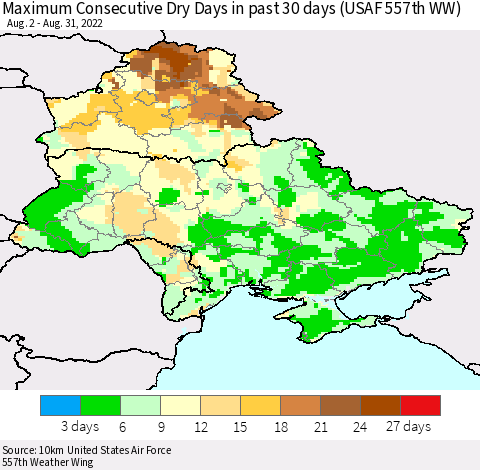 Ukraine, Moldova and Belarus Maximum Consecutive Dry Days in past 30 days (USAF 557th WW) 08/31/2022 Thematic Map For 8/26/2022 - 8/31/2022