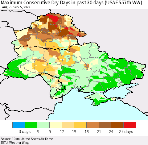 Ukraine, Moldova and Belarus Maximum Consecutive Dry Days in past 30 days (USAF 557th WW) 09/05/2022 Thematic Map For 9/1/2022 - 9/5/2022