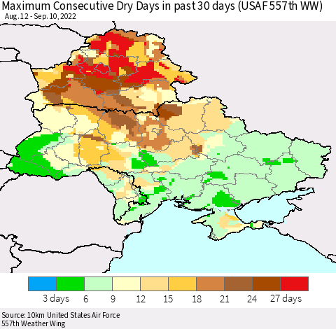 Ukraine, Moldova and Belarus Maximum Consecutive Dry Days in past 30 days (USAF 557th WW) 09/10/2022 Thematic Map For 9/6/2022 - 9/10/2022