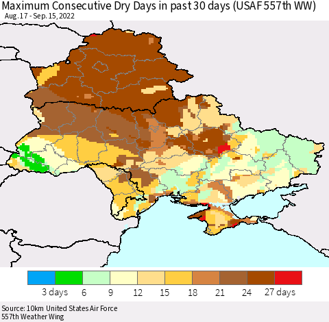 Ukraine, Moldova and Belarus Maximum Consecutive Dry Days in past 30 days (USAF 557th WW) 09/15/2022 Thematic Map For 9/11/2022 - 9/15/2022