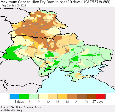 Ukraine, Moldova and Belarus Maximum Consecutive Dry Days in past 30 days (USAF 557th WW) 09/20/2022 Thematic Map For 9/16/2022 - 9/20/2022