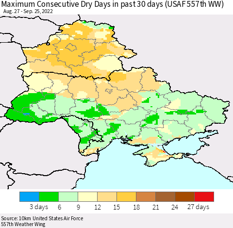 Ukraine, Moldova and Belarus Maximum Consecutive Dry Days in past 30 days (USAF 557th WW) 09/25/2022 Thematic Map For 9/21/2022 - 9/25/2022