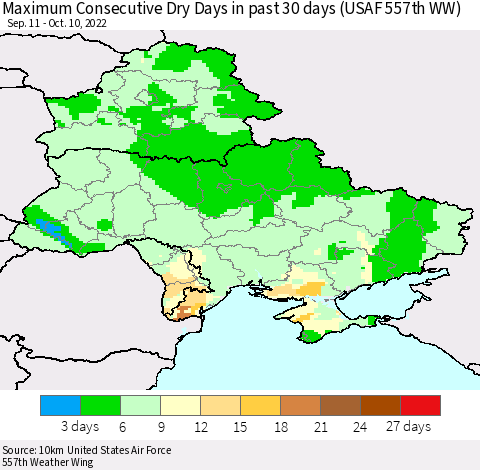 Ukraine, Moldova and Belarus Maximum Consecutive Dry Days in past 30 days (USAF 557th WW) 10/10/2022 Thematic Map For 10/6/2022 - 10/10/2022