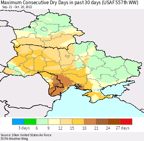 Ukraine, Moldova and Belarus Maximum Consecutive Dry Days in past 30 days (USAF 557th WW) 10/20/2022 Thematic Map For 10/16/2022 - 10/20/2022