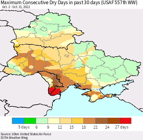 Ukraine, Moldova and Belarus Maximum Consecutive Dry Days in past 30 days (USAF 557th WW) 10/31/2022 Thematic Map For 10/26/2022 - 10/31/2022