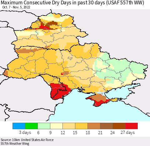 Ukraine, Moldova and Belarus Maximum Consecutive Dry Days in past 30 days (USAF 557th WW) 11/05/2022 Thematic Map For 11/1/2022 - 11/5/2022