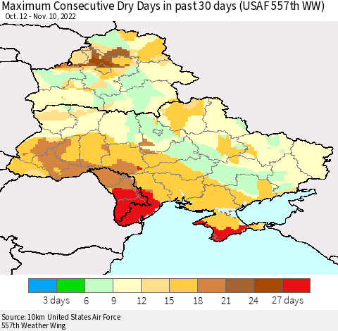 Ukraine, Moldova and Belarus Maximum Consecutive Dry Days in past 30 days (USAF 557th WW) 11/10/2022 Thematic Map For 11/6/2022 - 11/10/2022