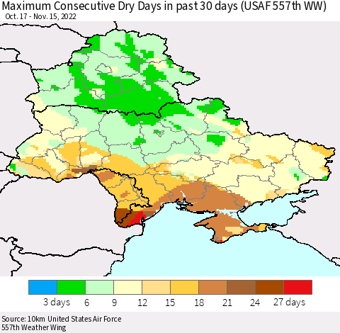Ukraine, Moldova and Belarus Maximum Consecutive Dry Days in past 30 days (USAF 557th WW) 11/15/2022 Thematic Map For 11/11/2022 - 11/15/2022