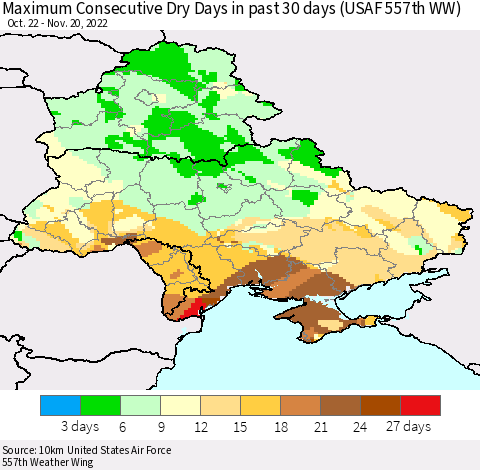 Ukraine, Moldova and Belarus Maximum Consecutive Dry Days in past 30 days (USAF 557th WW) 11/20/2022 Thematic Map For 11/16/2022 - 11/20/2022