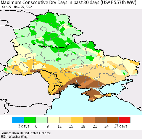 Ukraine, Moldova and Belarus Maximum Consecutive Dry Days in past 30 days (USAF 557th WW) 11/25/2022 Thematic Map For 11/21/2022 - 11/25/2022