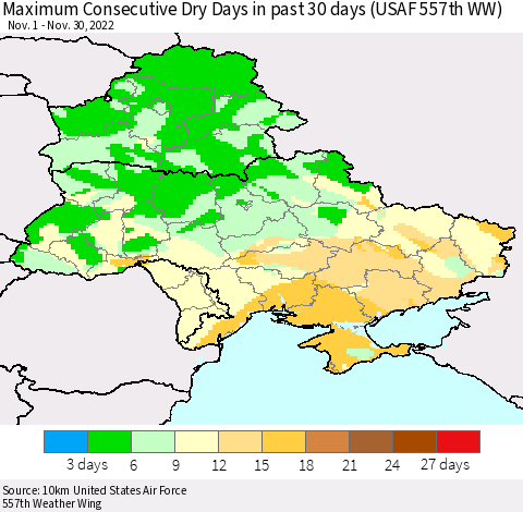 Ukraine, Moldova and Belarus Maximum Consecutive Dry Days in past 30 days (USAF 557th WW) 11/30/2022 Thematic Map For 11/26/2022 - 11/30/2022