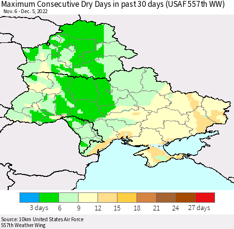 Ukraine, Moldova and Belarus Maximum Consecutive Dry Days in past 30 days (USAF 557th WW) 12/05/2022 Thematic Map For 12/1/2022 - 12/5/2022