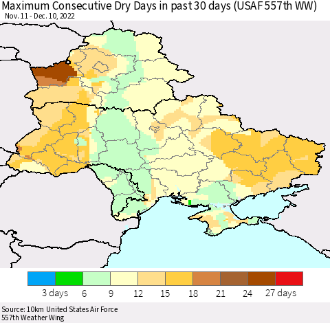 Ukraine, Moldova and Belarus Maximum Consecutive Dry Days in past 30 days (USAF 557th WW) 12/10/2022 Thematic Map For 12/6/2022 - 12/10/2022
