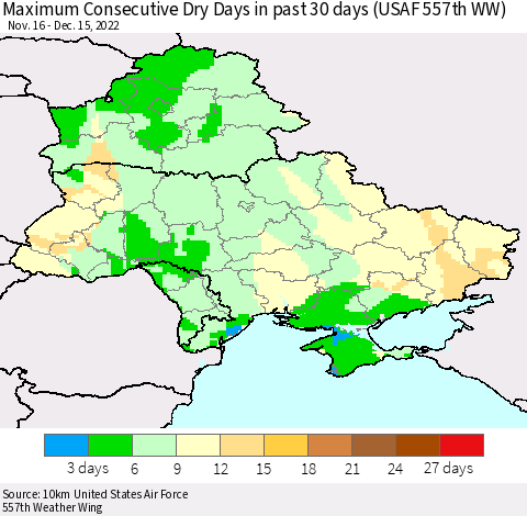 Ukraine, Moldova and Belarus Maximum Consecutive Dry Days in past 30 days (USAF 557th WW) 12/15/2022 Thematic Map For 12/11/2022 - 12/15/2022