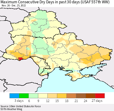 Ukraine, Moldova and Belarus Maximum Consecutive Dry Days in past 30 days (USAF 557th WW) 12/25/2022 Thematic Map For 12/21/2022 - 12/25/2022