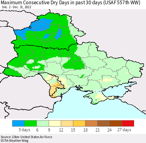Ukraine, Moldova and Belarus Maximum Consecutive Dry Days in past 30 days (USAF 557th WW) 12/31/2022 Thematic Map For 12/26/2022 - 12/31/2022
