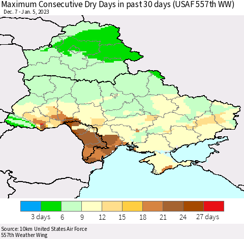 Ukraine, Moldova and Belarus Maximum Consecutive Dry Days in past 30 days (USAF 557th WW) 01/05/2023 Thematic Map For 1/1/2023 - 1/5/2023