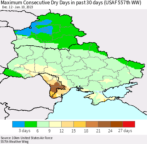 Ukraine, Moldova and Belarus Maximum Consecutive Dry Days in past 30 days (USAF 557th WW) 01/10/2023 Thematic Map For 1/6/2023 - 1/10/2023
