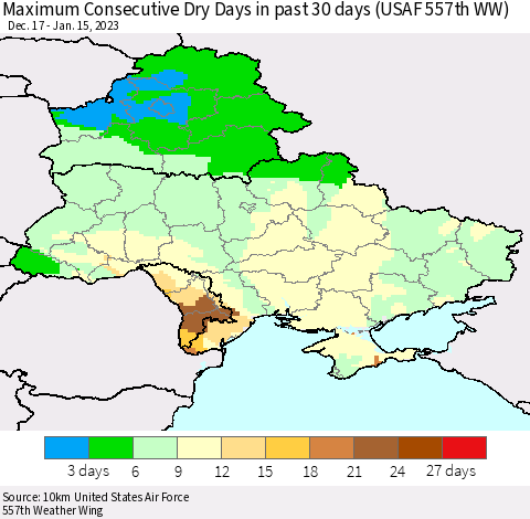 Ukraine, Moldova and Belarus Maximum Consecutive Dry Days in past 30 days (USAF 557th WW) 01/15/2023 Thematic Map For 1/11/2023 - 1/15/2023
