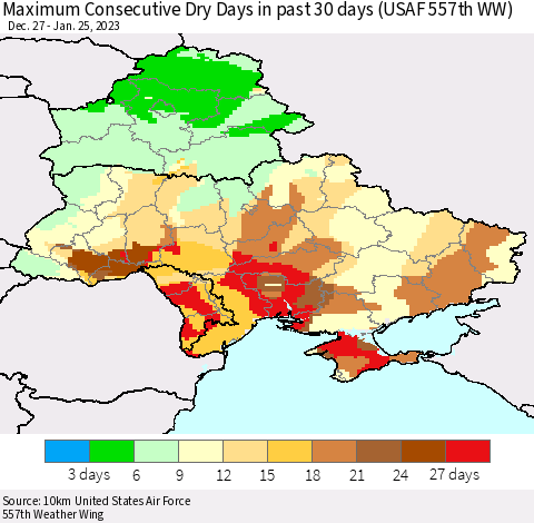Ukraine, Moldova and Belarus Maximum Consecutive Dry Days in past 30 days (USAF 557th WW) 01/25/2023 Thematic Map For 1/21/2023 - 1/25/2023