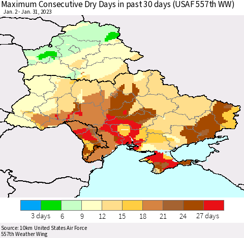 Ukraine, Moldova and Belarus Maximum Consecutive Dry Days in past 30 days (USAF 557th WW) 01/31/2023 Thematic Map For 1/26/2023 - 1/31/2023