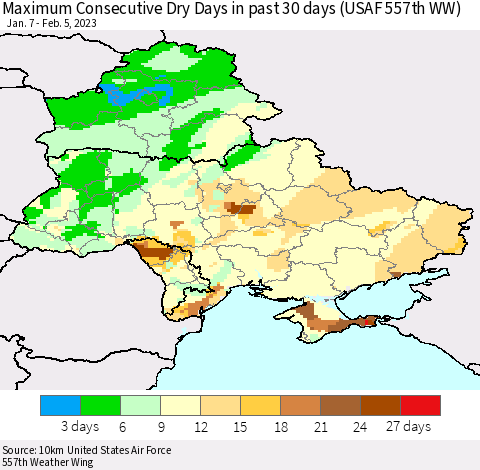 Ukraine, Moldova and Belarus Maximum Consecutive Dry Days in past 30 days (USAF 557th WW) 02/05/2023 Thematic Map For 2/1/2023 - 2/5/2023