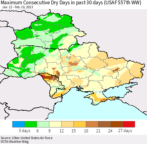 Ukraine, Moldova and Belarus Maximum Consecutive Dry Days in past 30 days (USAF 557th WW) 02/10/2023 Thematic Map For 2/6/2023 - 2/10/2023