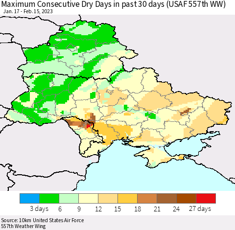 Ukraine, Moldova and Belarus Maximum Consecutive Dry Days in past 30 days (USAF 557th WW) 02/15/2023 Thematic Map For 2/11/2023 - 2/15/2023
