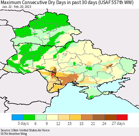 Ukraine, Moldova and Belarus Maximum Consecutive Dry Days in past 30 days (USAF 557th WW) 02/20/2023 Thematic Map For 2/16/2023 - 2/20/2023