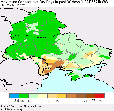 Ukraine, Moldova and Belarus Maximum Consecutive Dry Days in past 30 days (USAF 557th WW) 02/25/2023 Thematic Map For 2/21/2023 - 2/25/2023