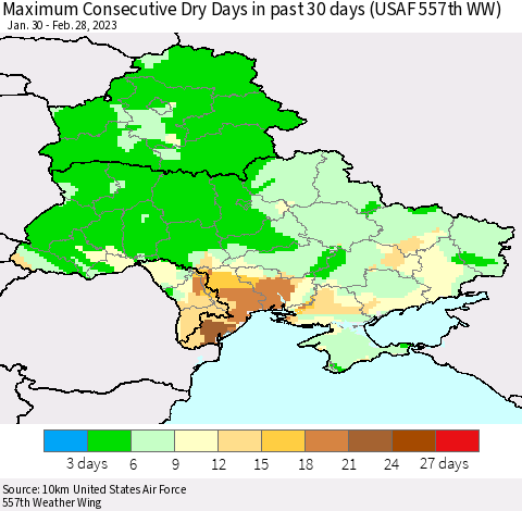 Ukraine, Moldova and Belarus Maximum Consecutive Dry Days in past 30 days (USAF 557th WW) 02/28/2023 Thematic Map For 2/26/2023 - 2/28/2023