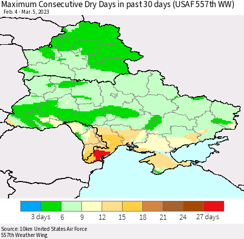 Ukraine, Moldova and Belarus Maximum Consecutive Dry Days in past 30 days (USAF 557th WW) 03/05/2023 Thematic Map For 3/1/2023 - 3/5/2023