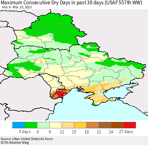Ukraine, Moldova and Belarus Maximum Consecutive Dry Days in past 30 days (USAF 557th WW) 03/10/2023 Thematic Map For 3/6/2023 - 3/10/2023