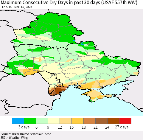 Ukraine, Moldova and Belarus Maximum Consecutive Dry Days in past 30 days (USAF 557th WW) 03/15/2023 Thematic Map For 3/11/2023 - 3/15/2023