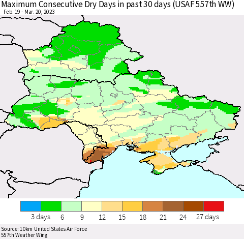 Ukraine, Moldova and Belarus Maximum Consecutive Dry Days in past 30 days (USAF 557th WW) 03/20/2023 Thematic Map For 3/16/2023 - 3/20/2023